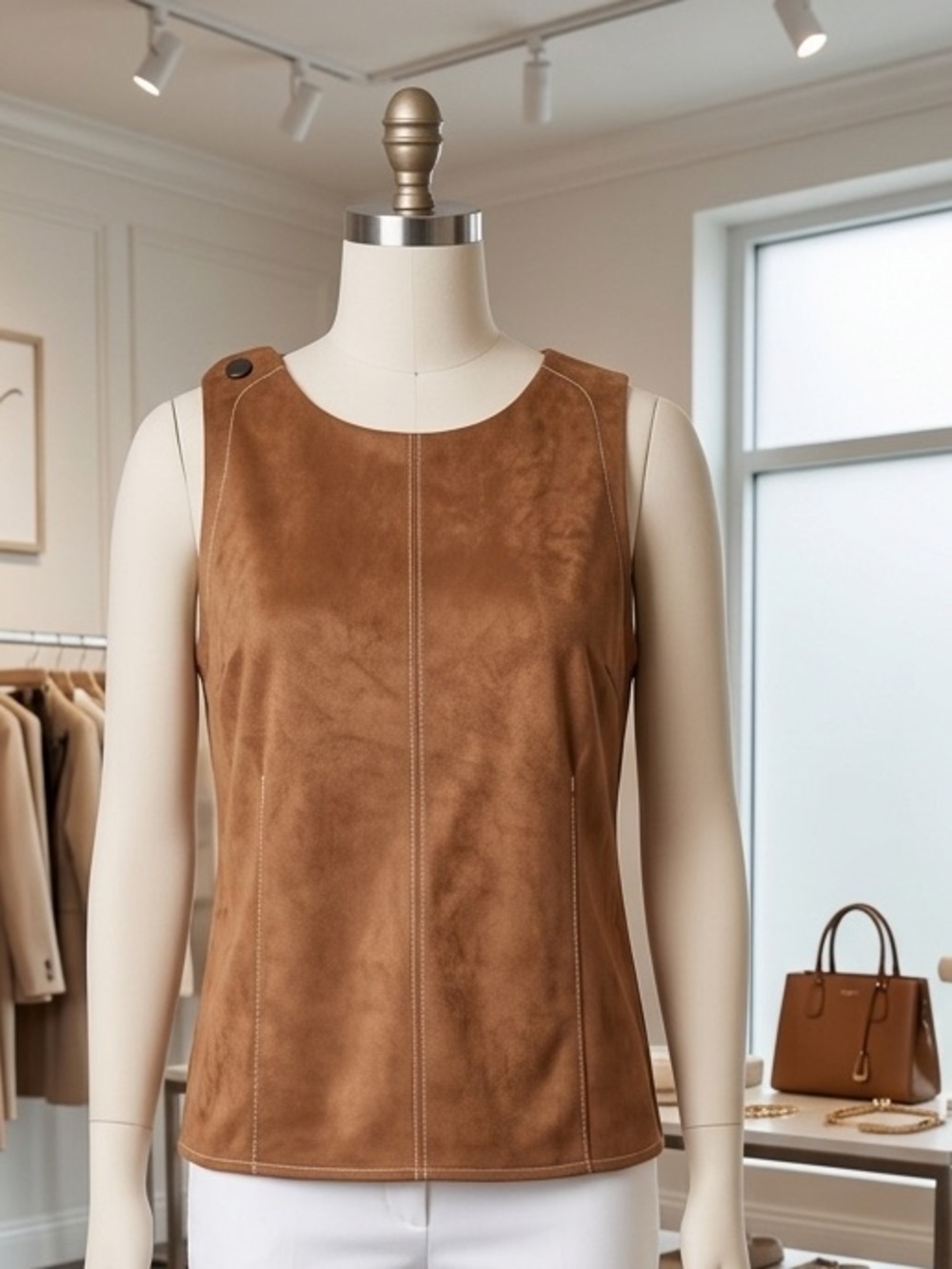 Suede-Look Sleeveless Tank Top in Cognac